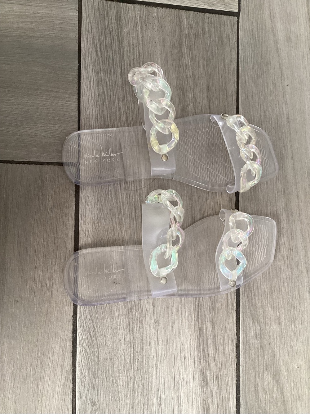 Nicole Miller Iridescent Clear Chain Slide Sandals